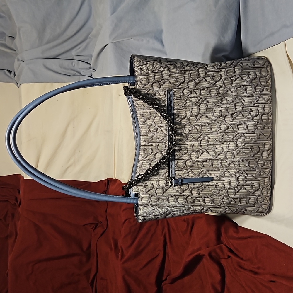 CALVIN KLEIN Large Faux Leather Blue/Grey Satchel Tote Bag - EC